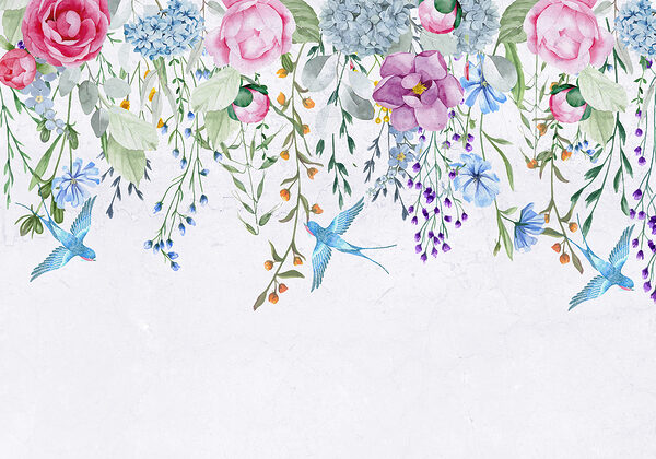 Florale Bordüre mit Blumen und Vögeln Florale Bordüre mit Blumen und Vögeln