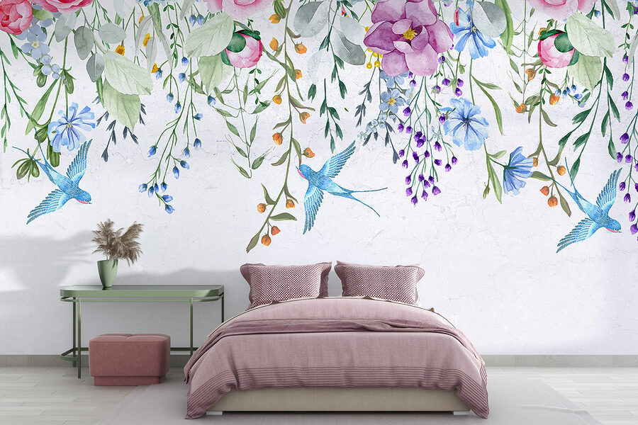 Florale Bordüre mit Blumen und Vögeln