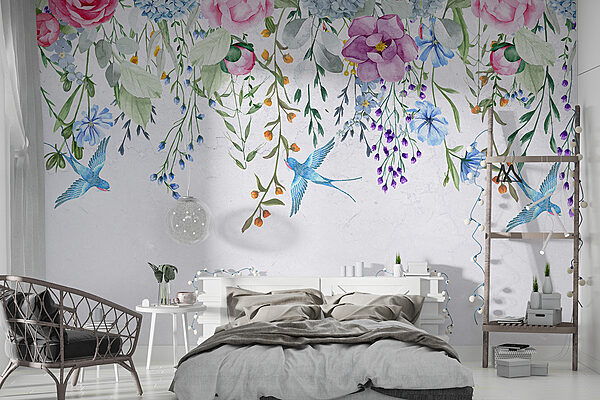 Florale Bordüre mit Blumen und Vögeln Florale Bordüre mit Blumen und Vögeln