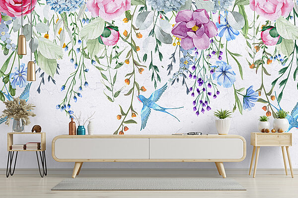 Florale Bordüre mit Blumen und Vögeln Florale Bordüre mit Blumen und Vögeln