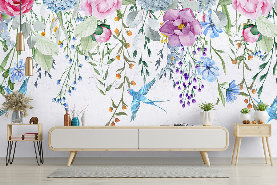 Florale Bordüre mit Blumen und Vögeln