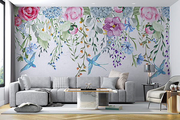 Florale Bordüre mit Blumen und Vögeln Florale Bordüre mit Blumen und Vögeln