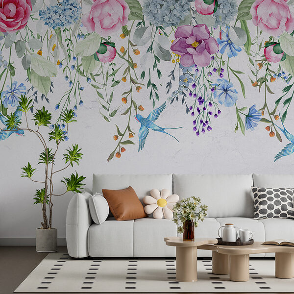 Florale Bordüre mit Blumen und Vögeln Florale Bordüre mit Blumen und Vögeln