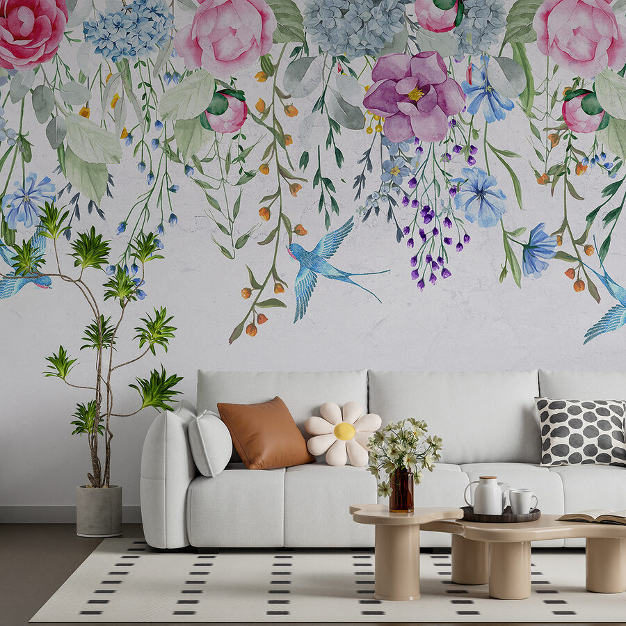 Florale Bordüre mit Blumen und Vögeln