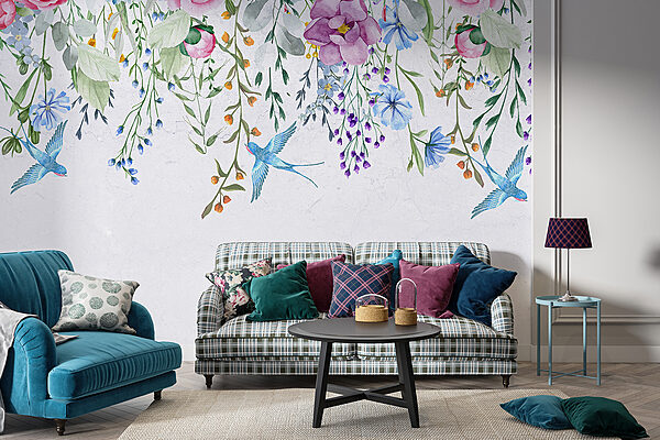 Florale Bordüre mit Blumen und Vögeln Florale Bordüre mit Blumen und Vögeln