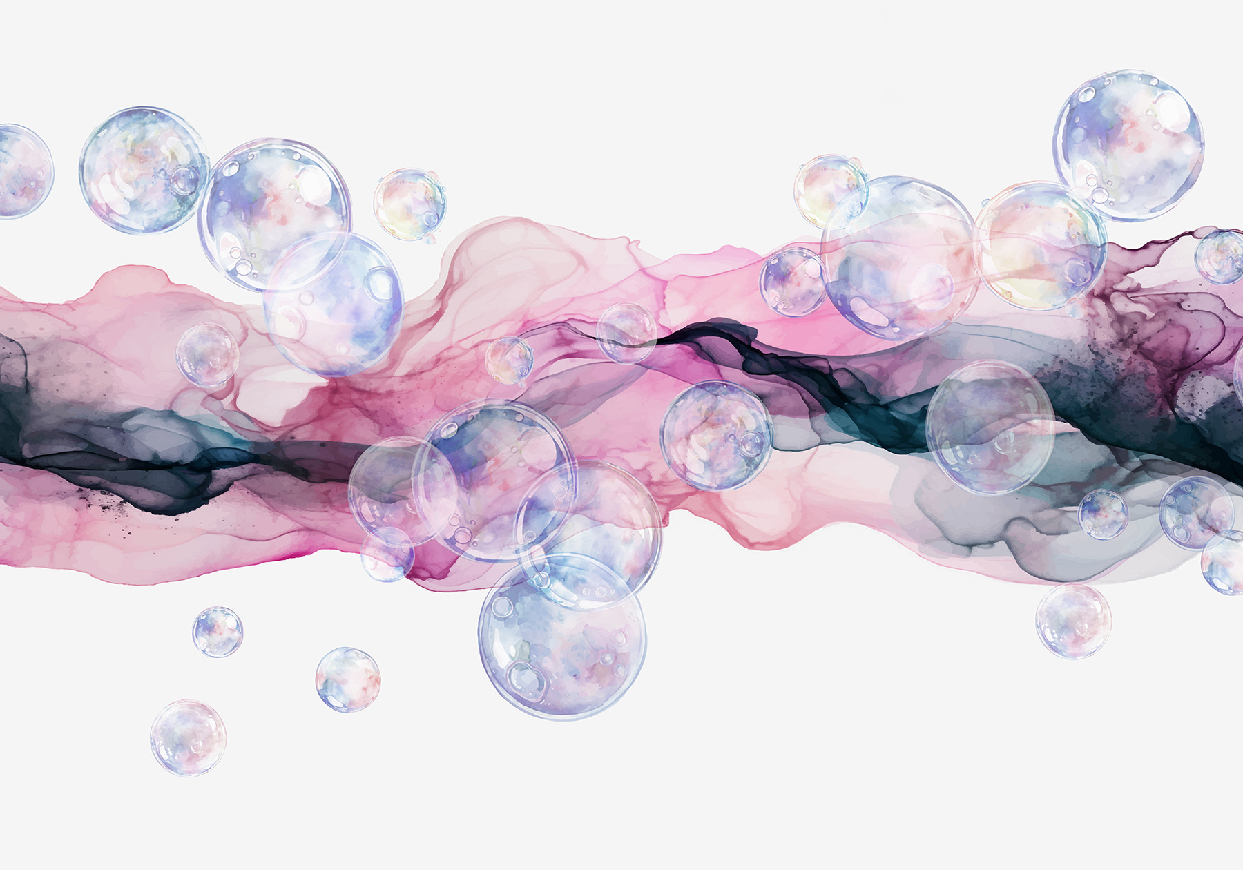 Group of bubbles in a pink and purple liquid