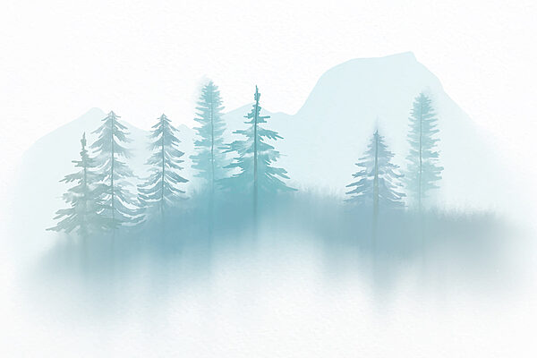 Neblige Landschaft mit Bäumen und Bergen Neblige Landschaft mit Bäumen und Bergen