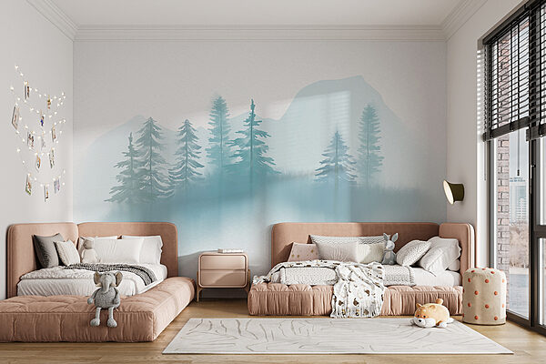 Neblige Landschaft mit Bäumen und Bergen Neblige Landschaft mit Bäumen und Bergen
