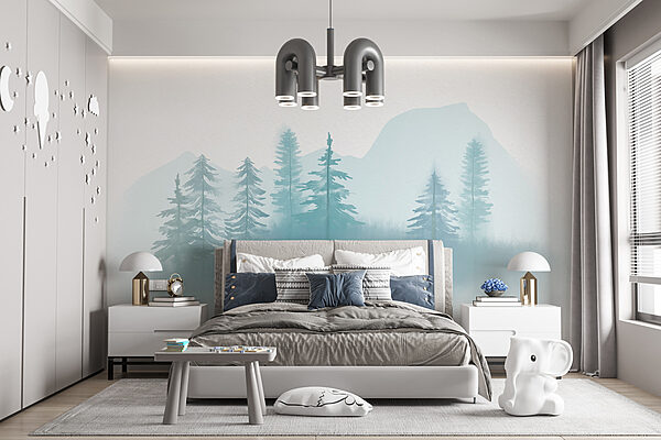 Neblige Landschaft mit Bäumen und Bergen Neblige Landschaft mit Bäumen und Bergen