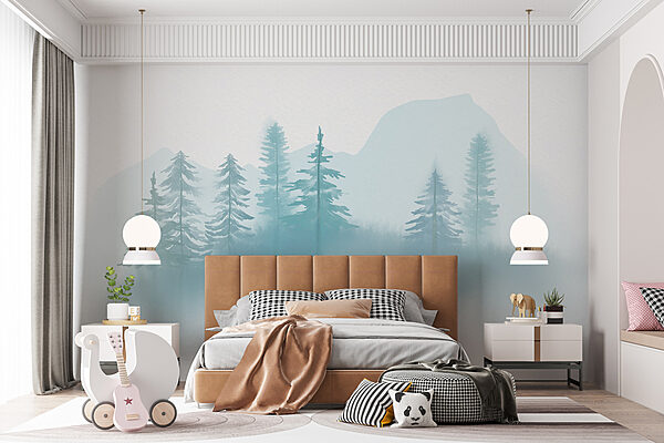Neblige Landschaft mit Bäumen und Bergen Neblige Landschaft mit Bäumen und Bergen