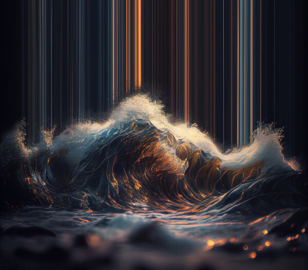 Welle mit orangefarbenem und weißem Licht, das von ihr ausgeht Welle mit orangefarbenem und weißem Licht, das von ihr ausgeht