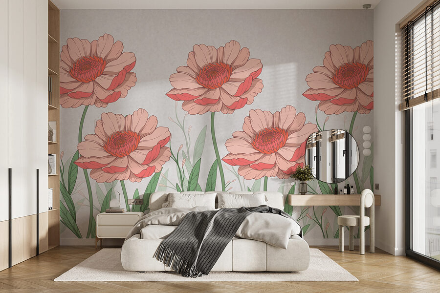 Gruppe von rosa Blüten mit grünen Blättern