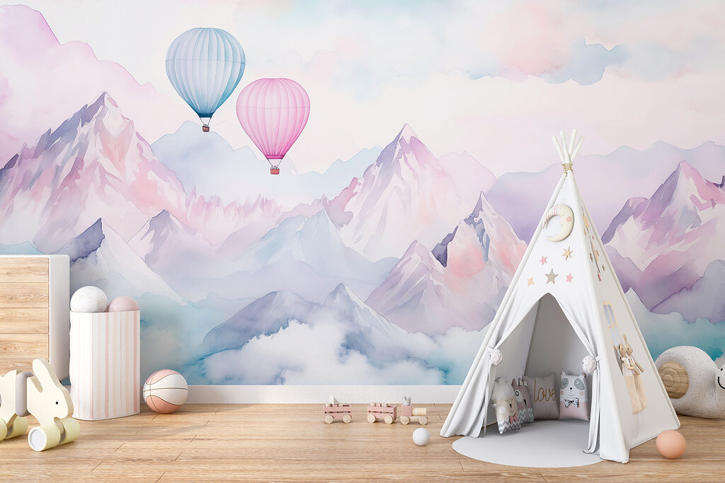 Group of hot air balloons in the sky over mountains