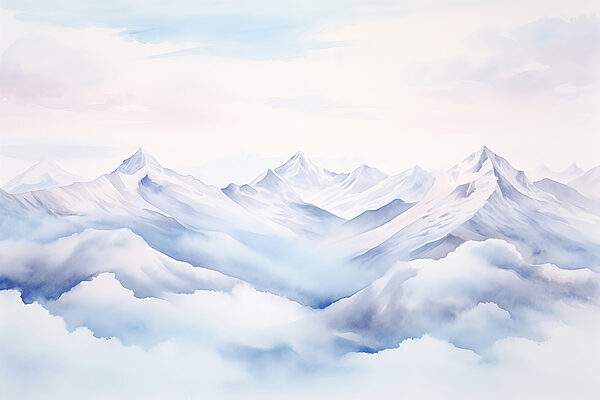Aquarellmalerei von Bergen und Wolken Aquarellmalerei von Bergen und Wolken