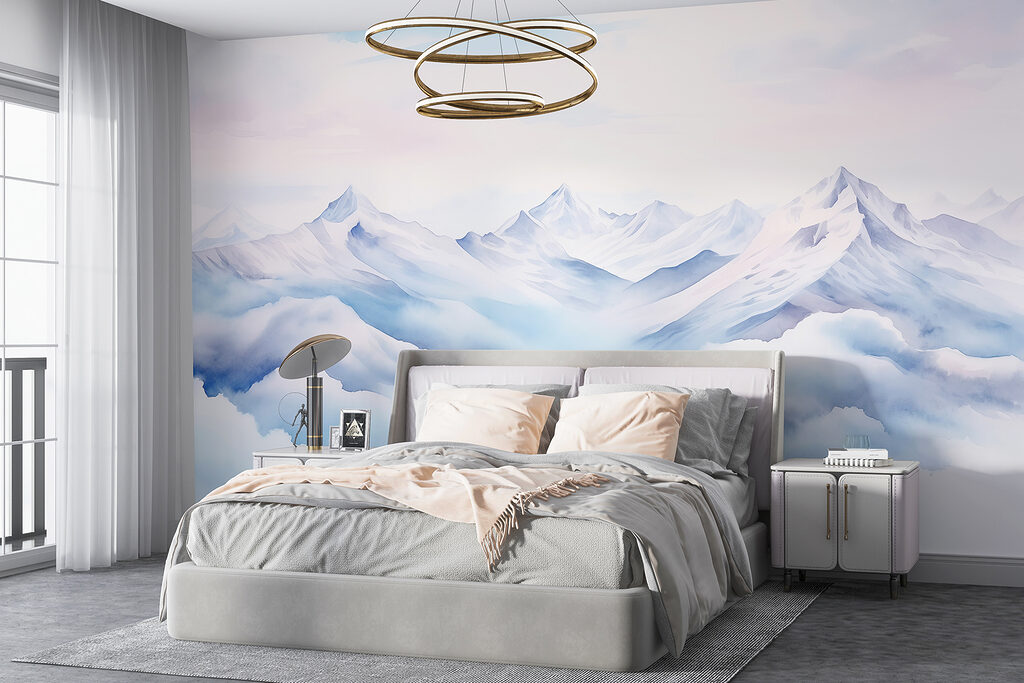 Watercolor painting of mountains and clouds