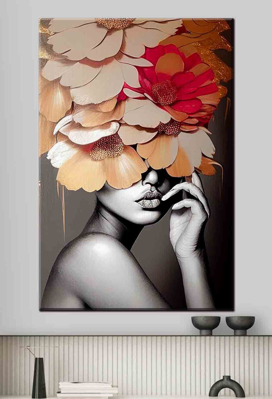 Frau mit Blumen auf dem Kopf