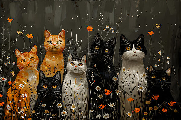 Gruppe von Katzen in einem Blumenfeld Gruppe von Katzen in einem Blumenfeld