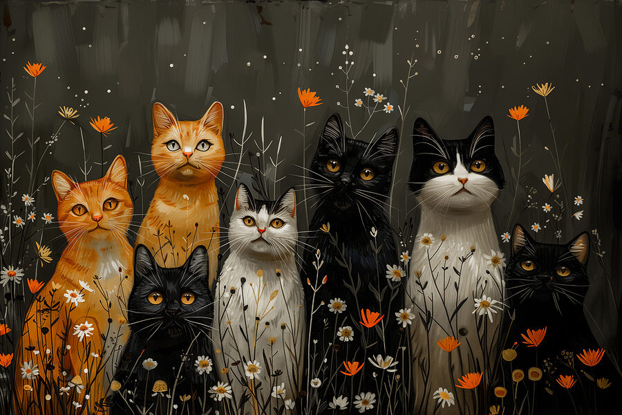 Gruppe von Katzen in einem Blumenfeld