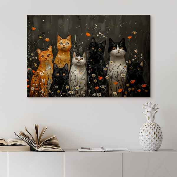 Gruppe von Katzen in einem Blumenfeld Gruppe von Katzen in einem Blumenfeld