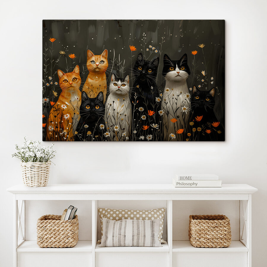 Gruppe von Katzen in einem Blumenfeld