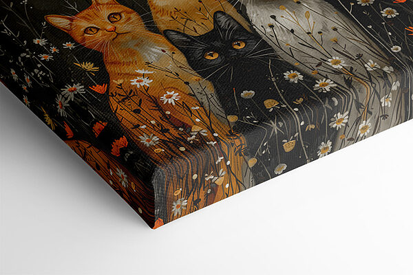 Gruppe von Katzen in einem Blumenfeld Gruppe von Katzen in einem Blumenfeld