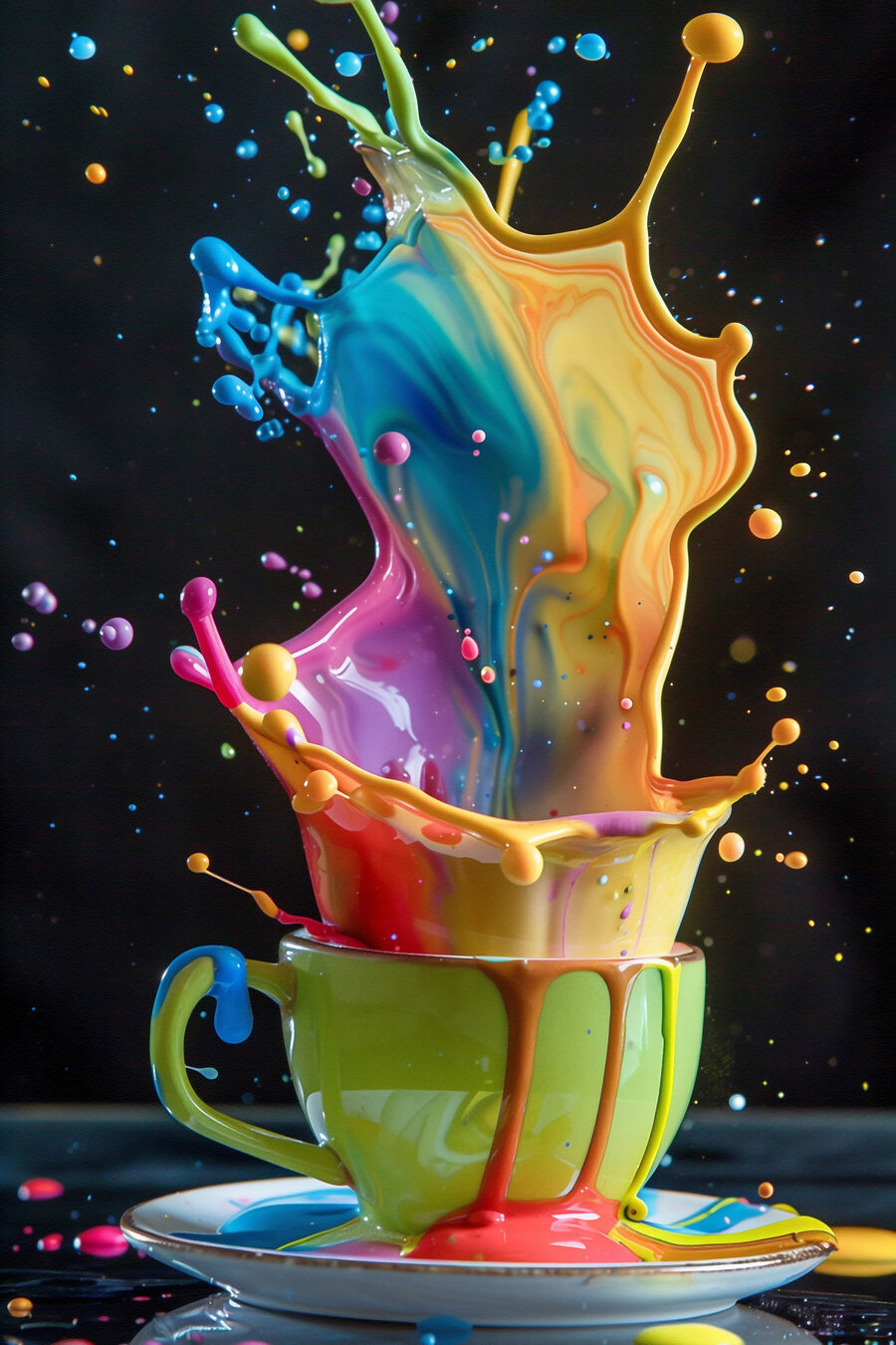 Bunt spritzende Flüssigkeit in einer Tasse