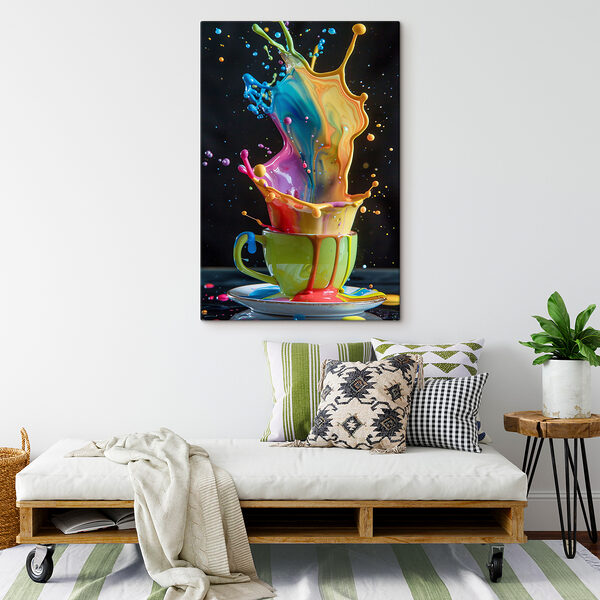 Bunt spritzende Flüssigkeit in einer Tasse Bunt spritzende Flüssigkeit in einer Tasse