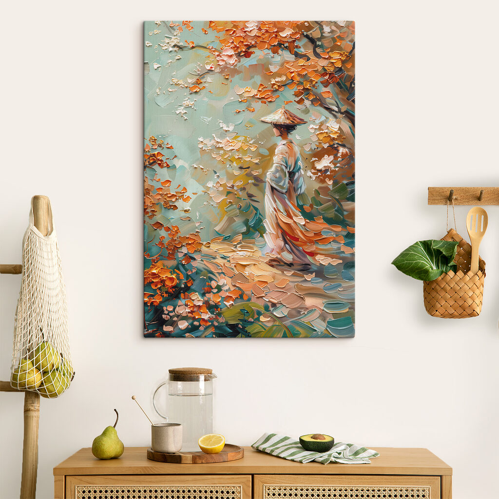 Painting of a woman walking in a park Painting of a woman walking in a park