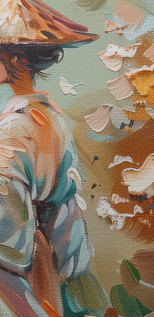 Painting of a woman walking in a park Painting of a woman walking in a park