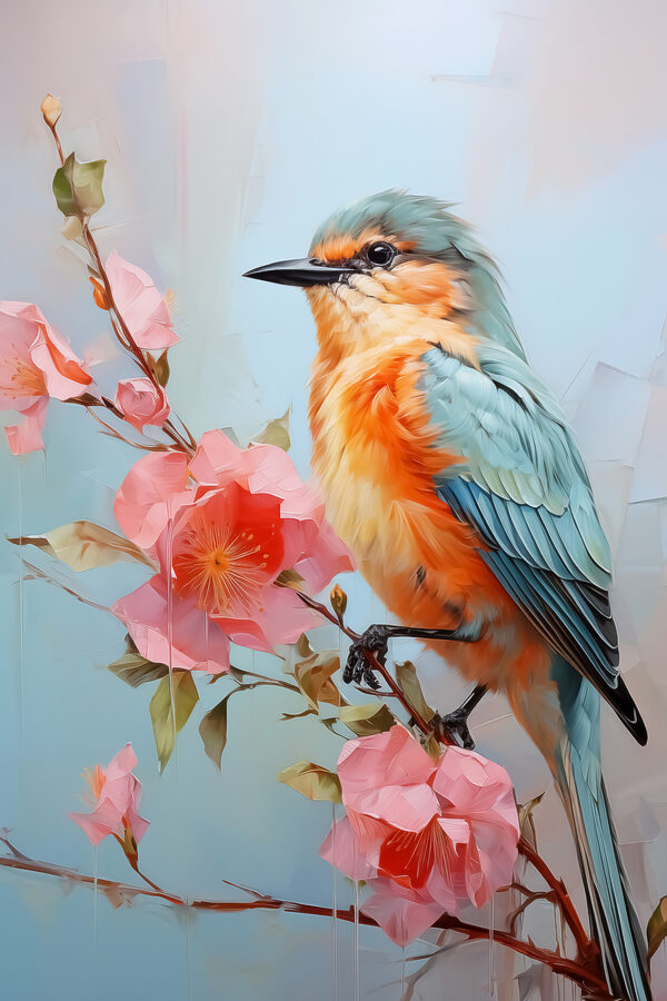 Vogel auf einem Zweig mit Blumen Vogel auf einem Zweig mit Blumen