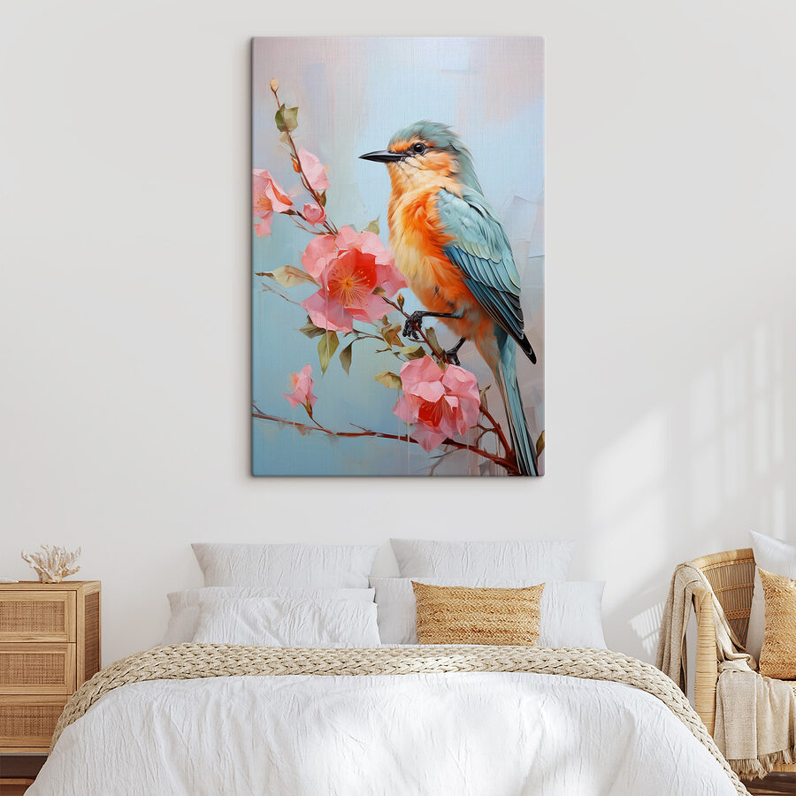 Vogel auf einem Zweig mit Blumen Vogel auf einem Zweig mit Blumen