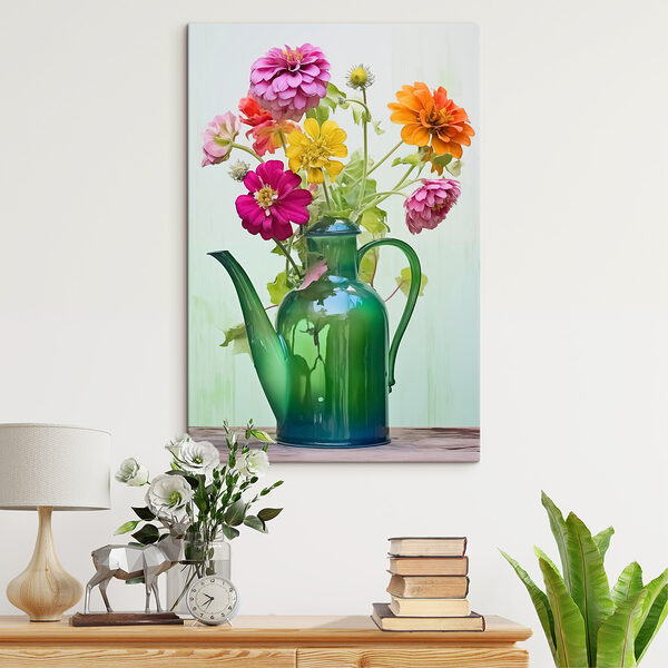 Grüne Teekanne mit bunten Blumen Grüne Teekanne mit bunten Blumen
