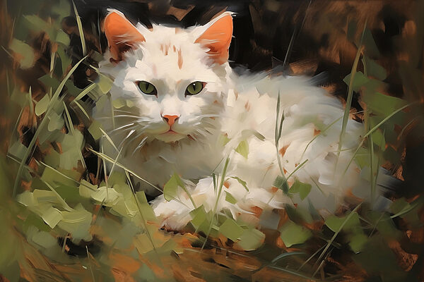 Weiße Katze im Gras liegend Weiße Katze im Gras liegend