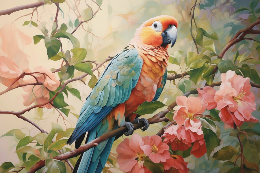 Bunter Vogel sitzt auf einem Zweig mit Blumen Bunter Vogel sitzt auf einem Zweig mit Blumen