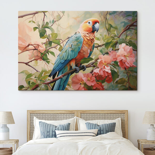 Bunter Vogel sitzt auf einem Zweig mit Blumen Bunter Vogel sitzt auf einem Zweig mit Blumen