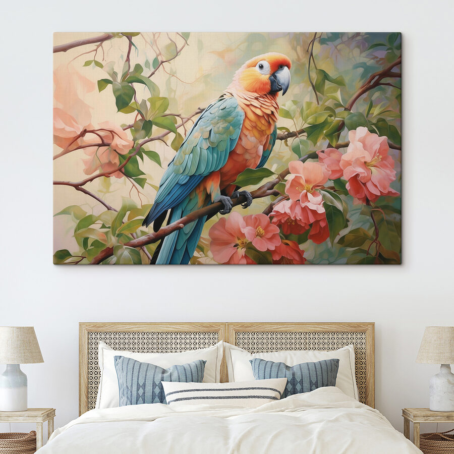 Bunter Vogel sitzt auf einem Zweig mit Blumen Bunter Vogel sitzt auf einem Zweig mit Blumen