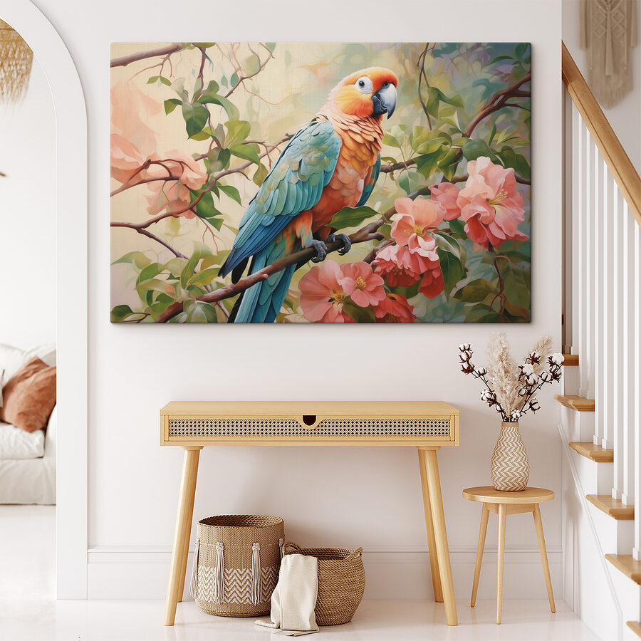 Bunter Vogel sitzt auf einem Zweig mit Blumen Bunter Vogel sitzt auf einem Zweig mit Blumen