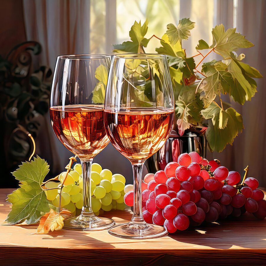Zwei Gläser Wein neben Weintrauben