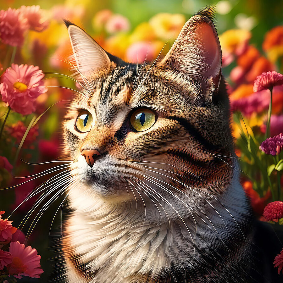 Katze in einem Garten voller Blumen