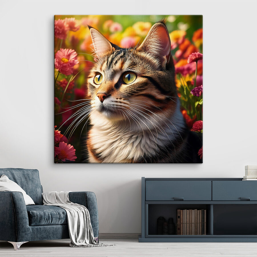 Katze in einem Garten voller Blumen