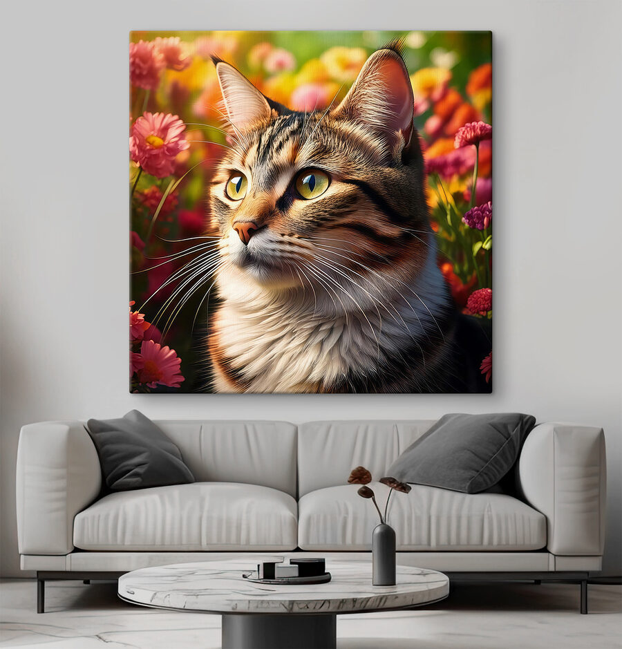 Katze in einem Garten voller Blumen
