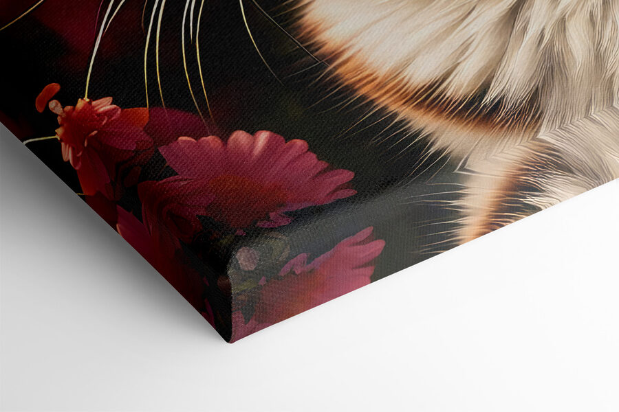 Katze in einem Garten voller Blumen