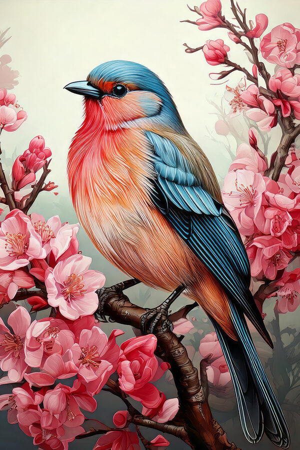 Bunter Vogel sitzt auf einem Zweig mit rosa Blumen Bunter Vogel sitzt auf einem Zweig mit rosa Blumen