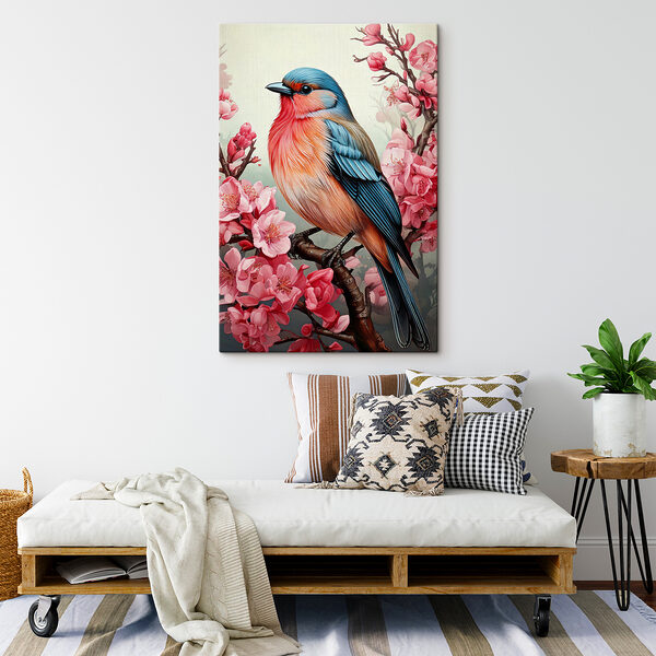 Bunter Vogel sitzt auf einem Zweig mit rosa Blumen Bunter Vogel sitzt auf einem Zweig mit rosa Blumen