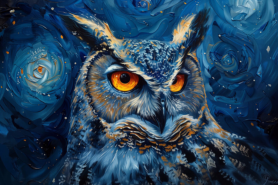 Eine Eule mit orangefarbenen Augen