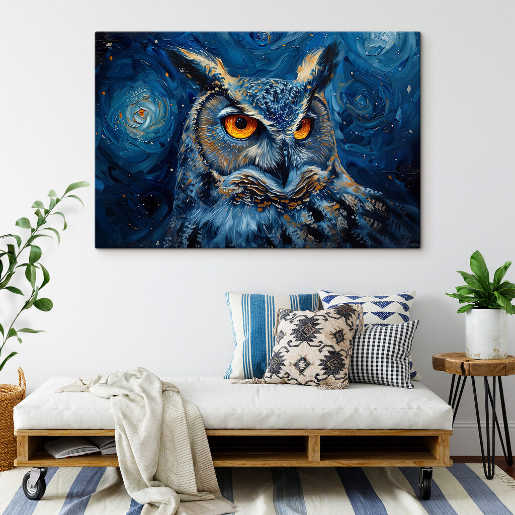 An owl with orange eyes An owl with orange eyes