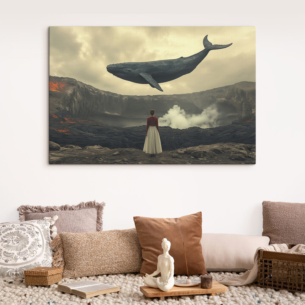 Woman looking at a whale flying over a volcano