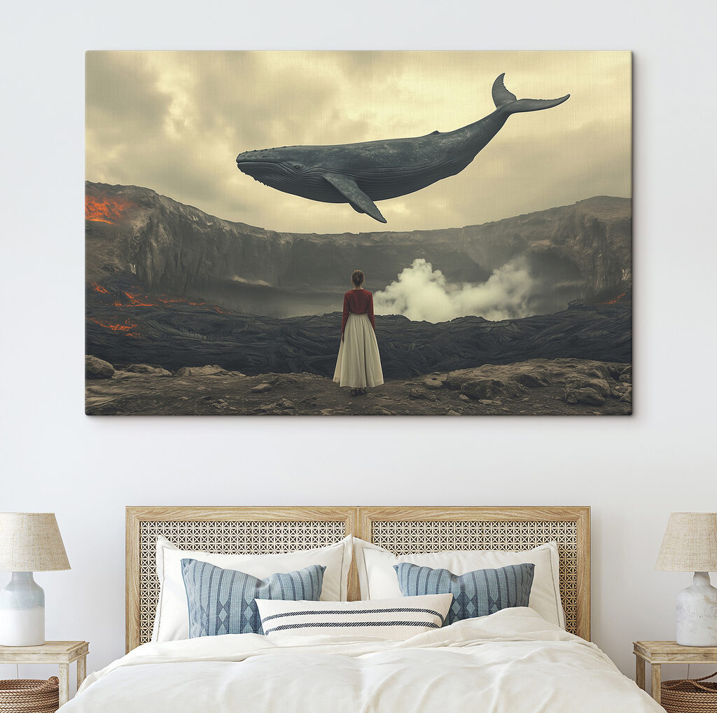 Woman looking at a whale flying over a volcano