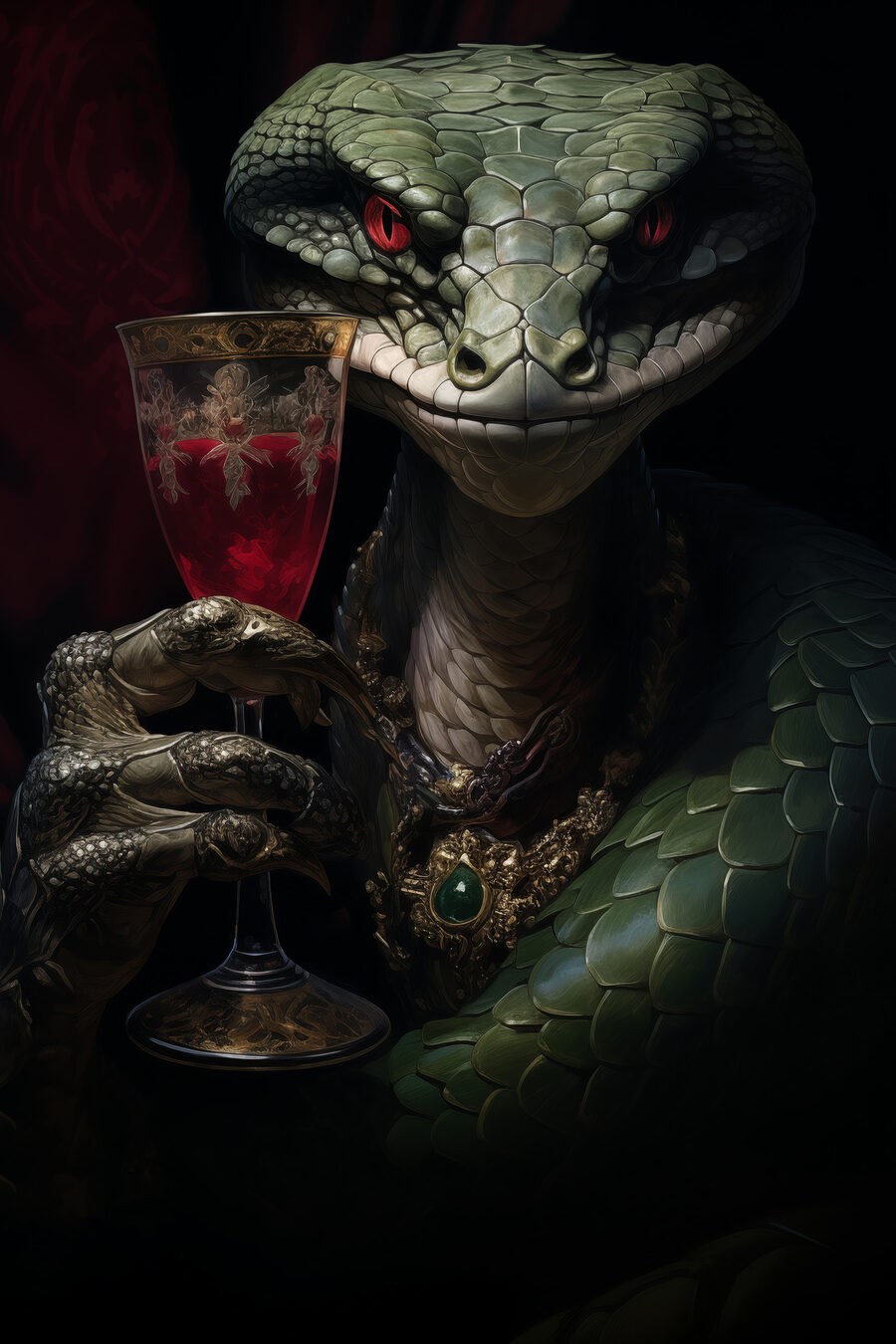 Eidechse mit einem Glas Wein in der Hand