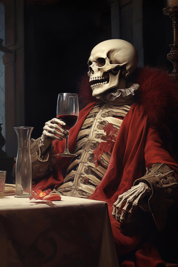 Skelett mit einem Glas Wein in der Hand Skelett mit einem Glas Wein in der Hand
